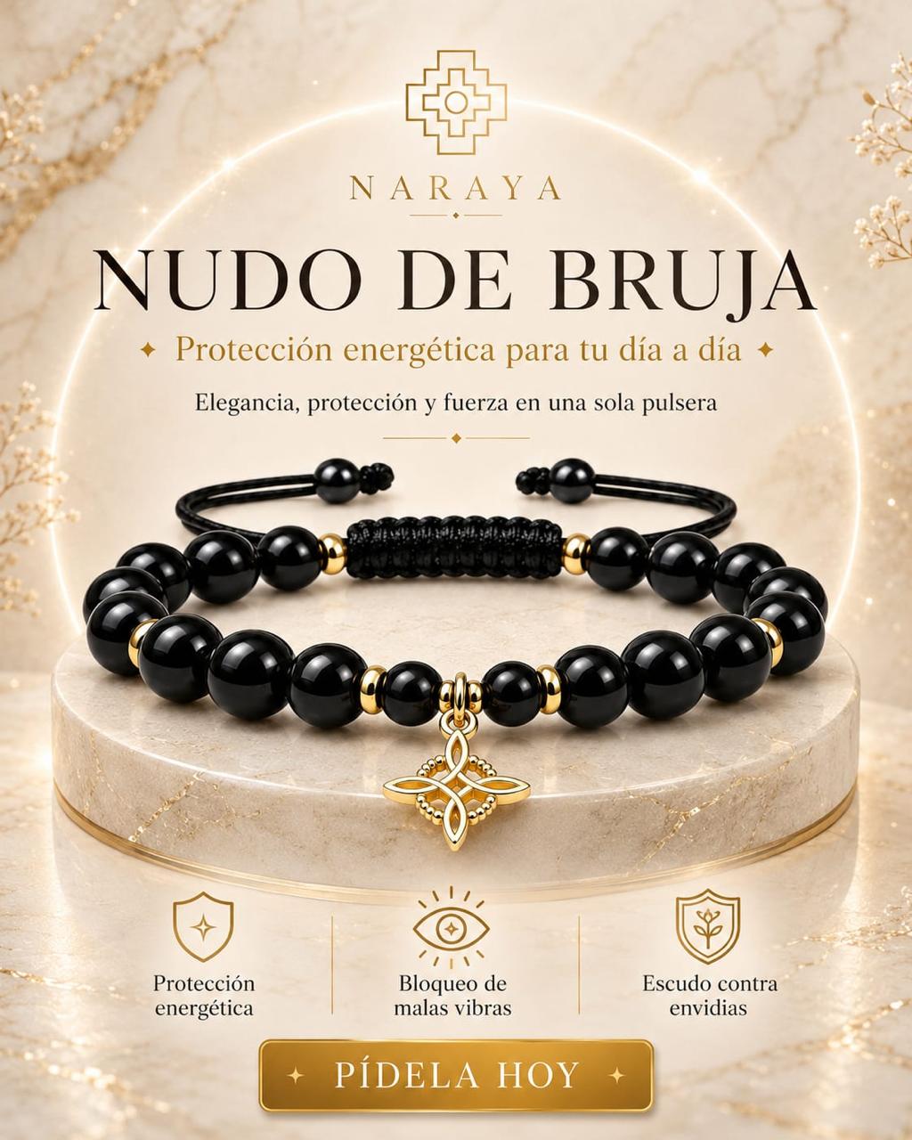Pulsera turmalina con dije nudo de bruja